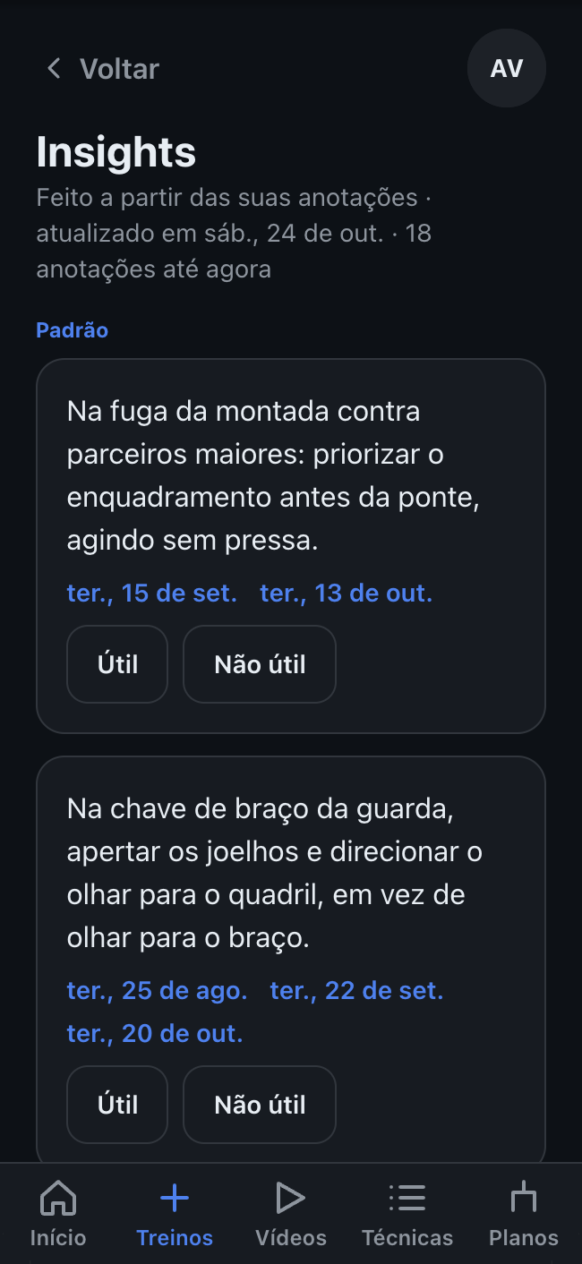 Página de Insights com pontos feitos a partir das anotações da própria pessoa