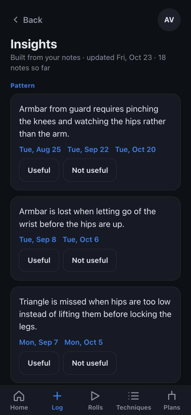 Insights page with points built from the person's own notes
