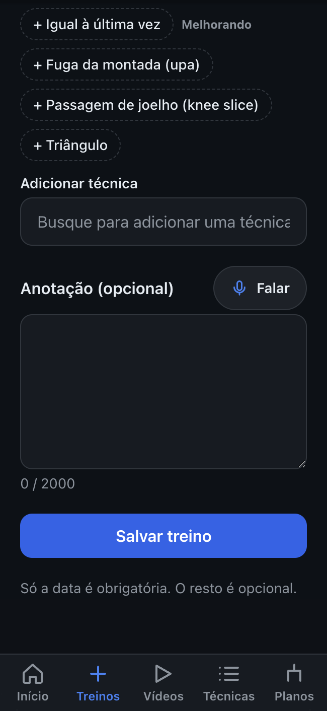 Tela de registro do treino com o botão Falar para gravar uma nota de voz