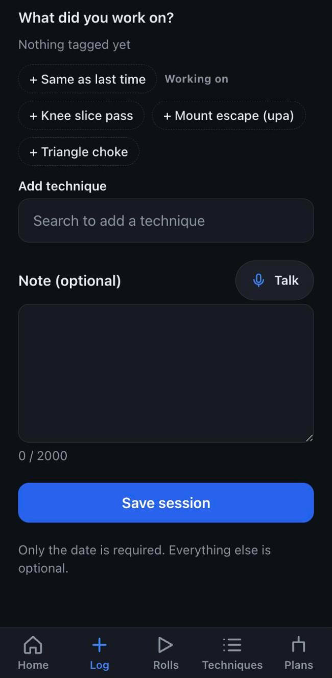 Log session screen with the Talk button for a voice note