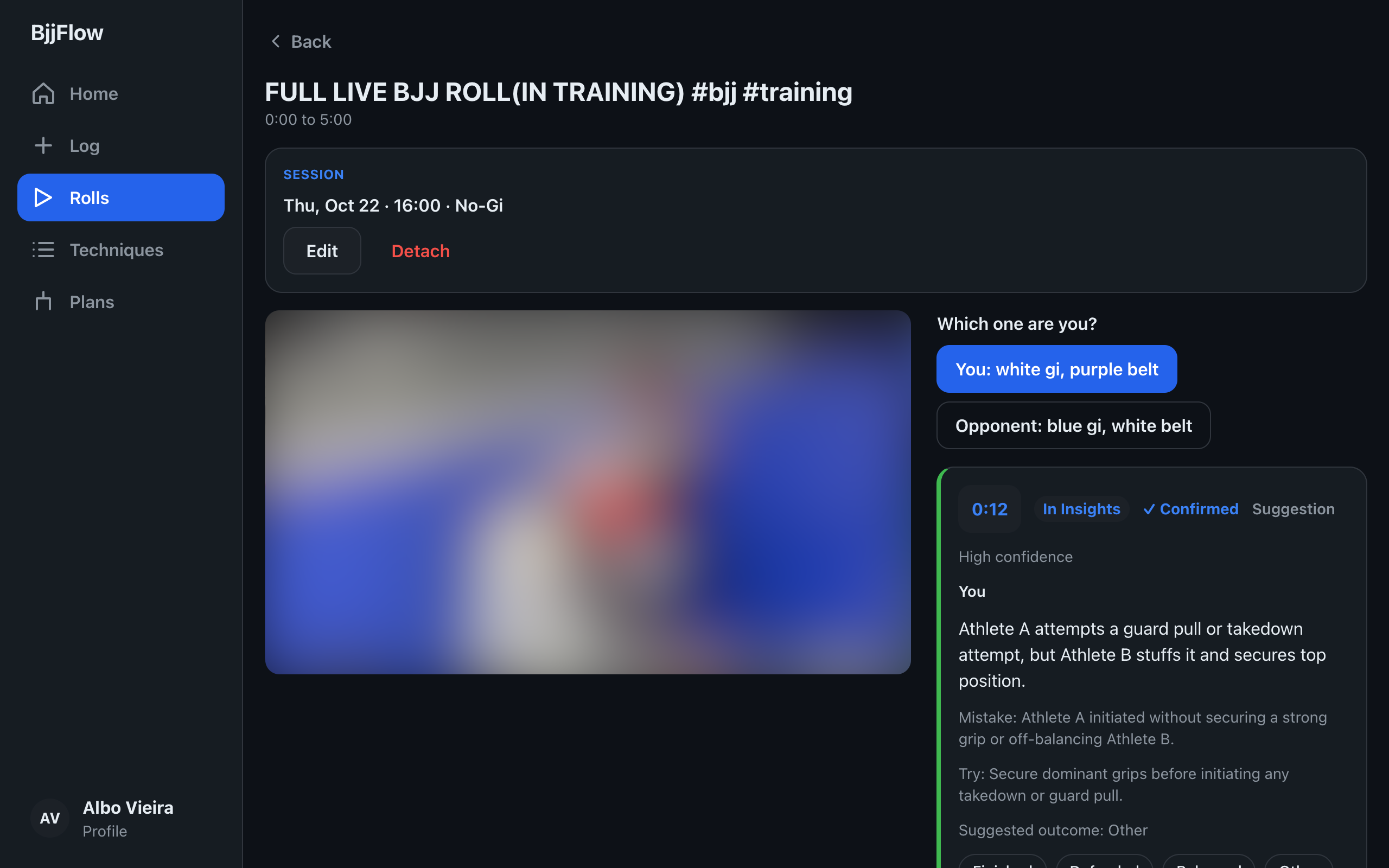 BjjFlow roll review on a desktop screen