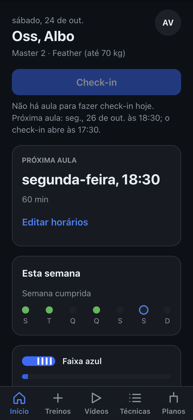 Tela inicial com a próxima aula e o botão de check-in