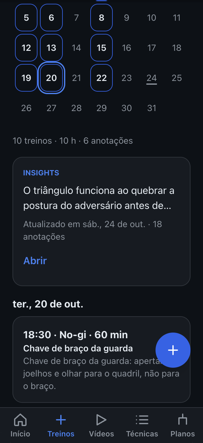 Calendário do mês com os treinos e, abaixo, as sessões do dia