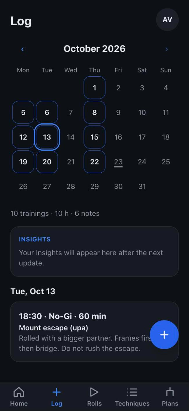 Month calendar of trainings with the day's sessions below
