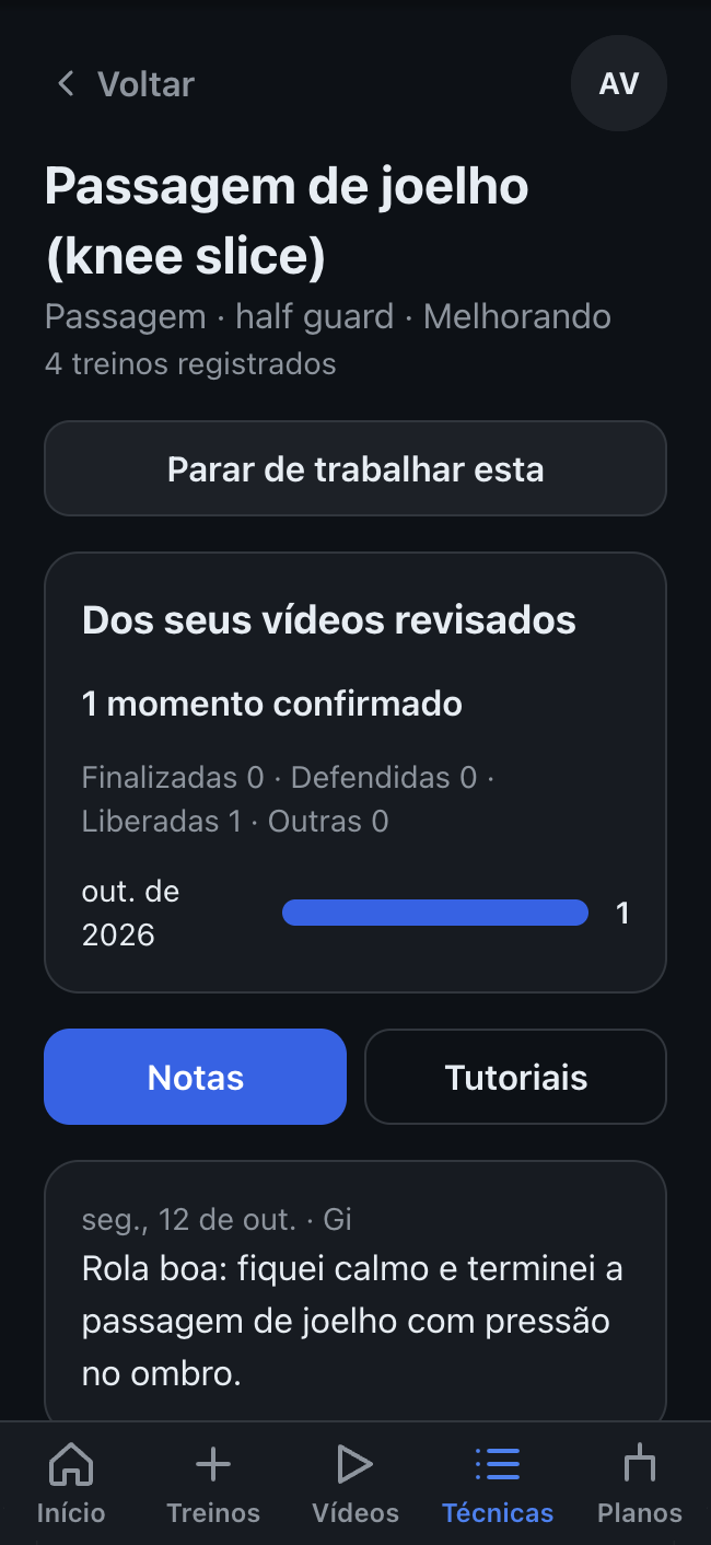 Página de técnica com treinos, anotações, tutoriais e vídeos