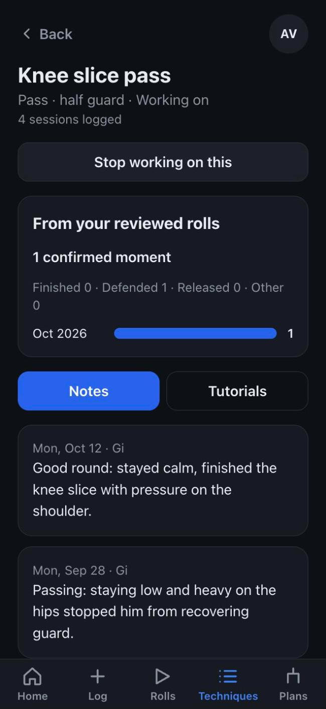 Technique page with sessions, notes, tutorials and rolls